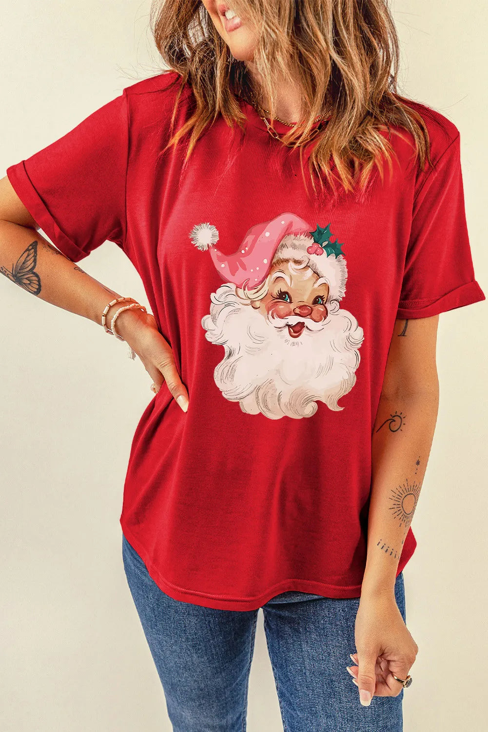 NicholesGifts Women Santa Round Neck Short Sleeve Christmas T-Shirt NicholesGifts
