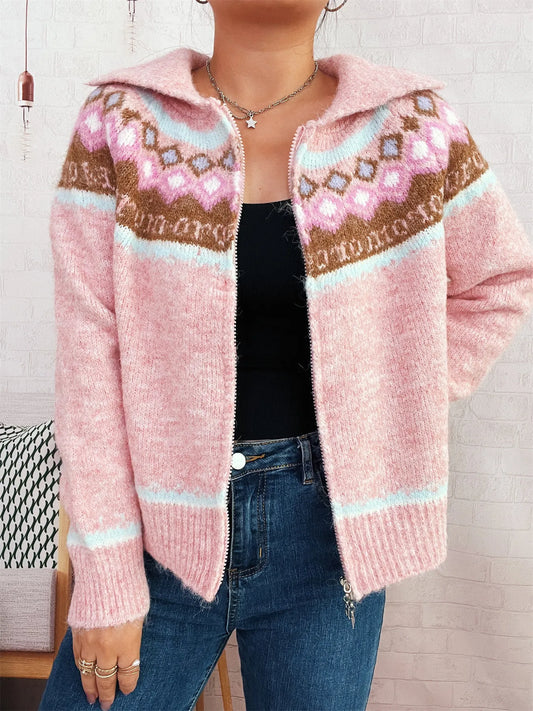 Fair Isle Pattern Zip-Up Cardigan