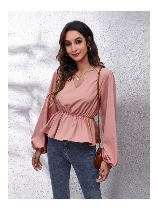 Women V-Neck Balloon Sleeve Peplum Blouse NicholesGifts