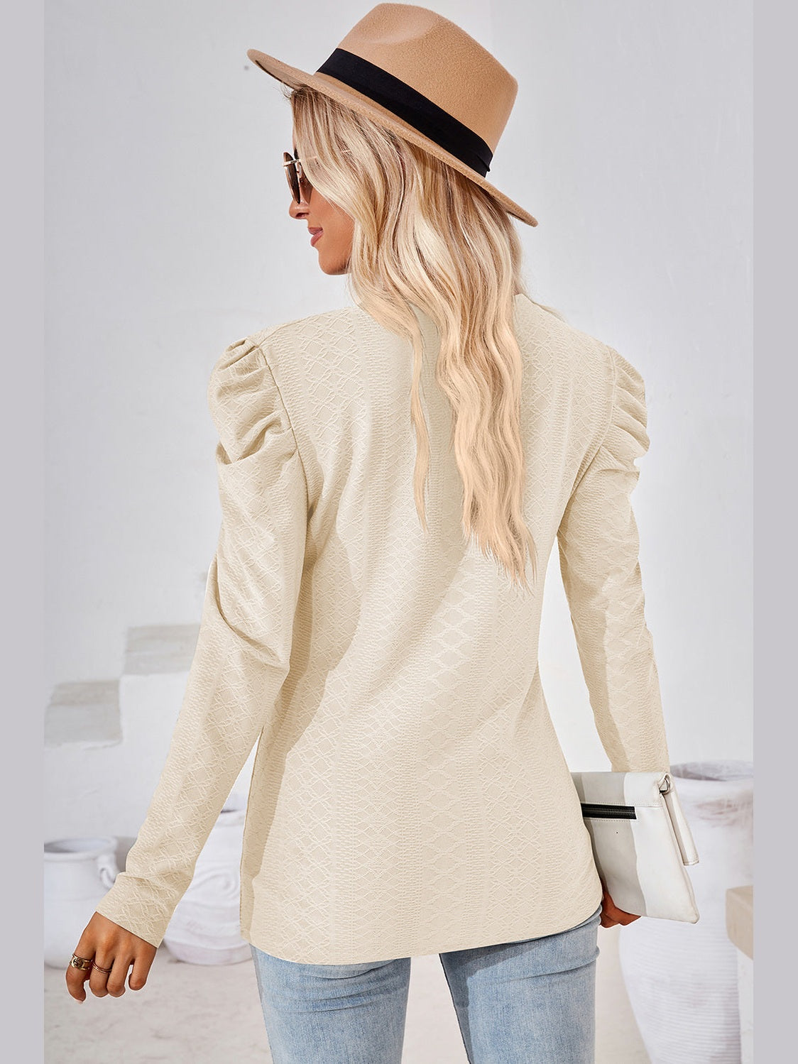 Women Round Neck Puff Sleeve Blouse