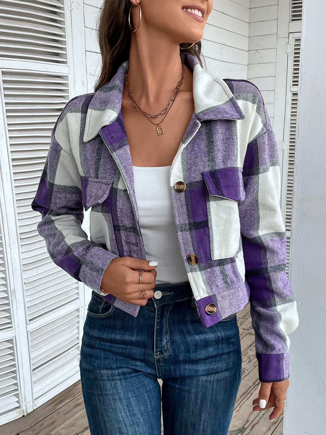 Perfee Plaid Button Up Drop Shoulder Cropped Jacket NicholesGifts