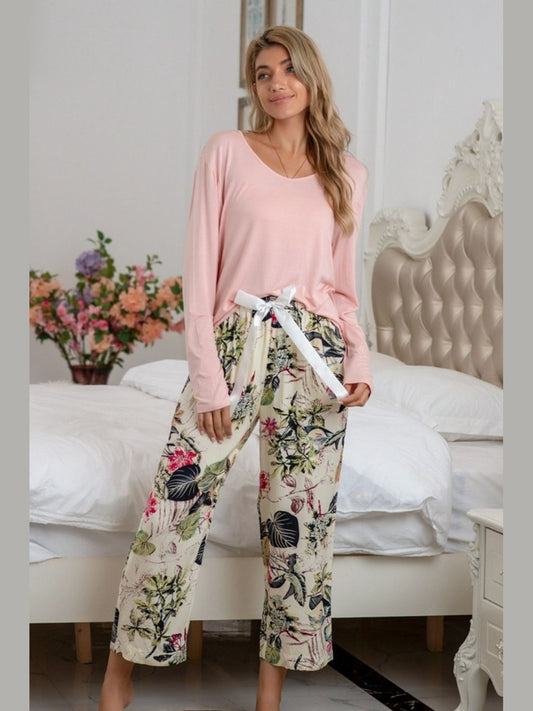Round Neck Top and Printed Pants Lounge Set NicholesGifts
