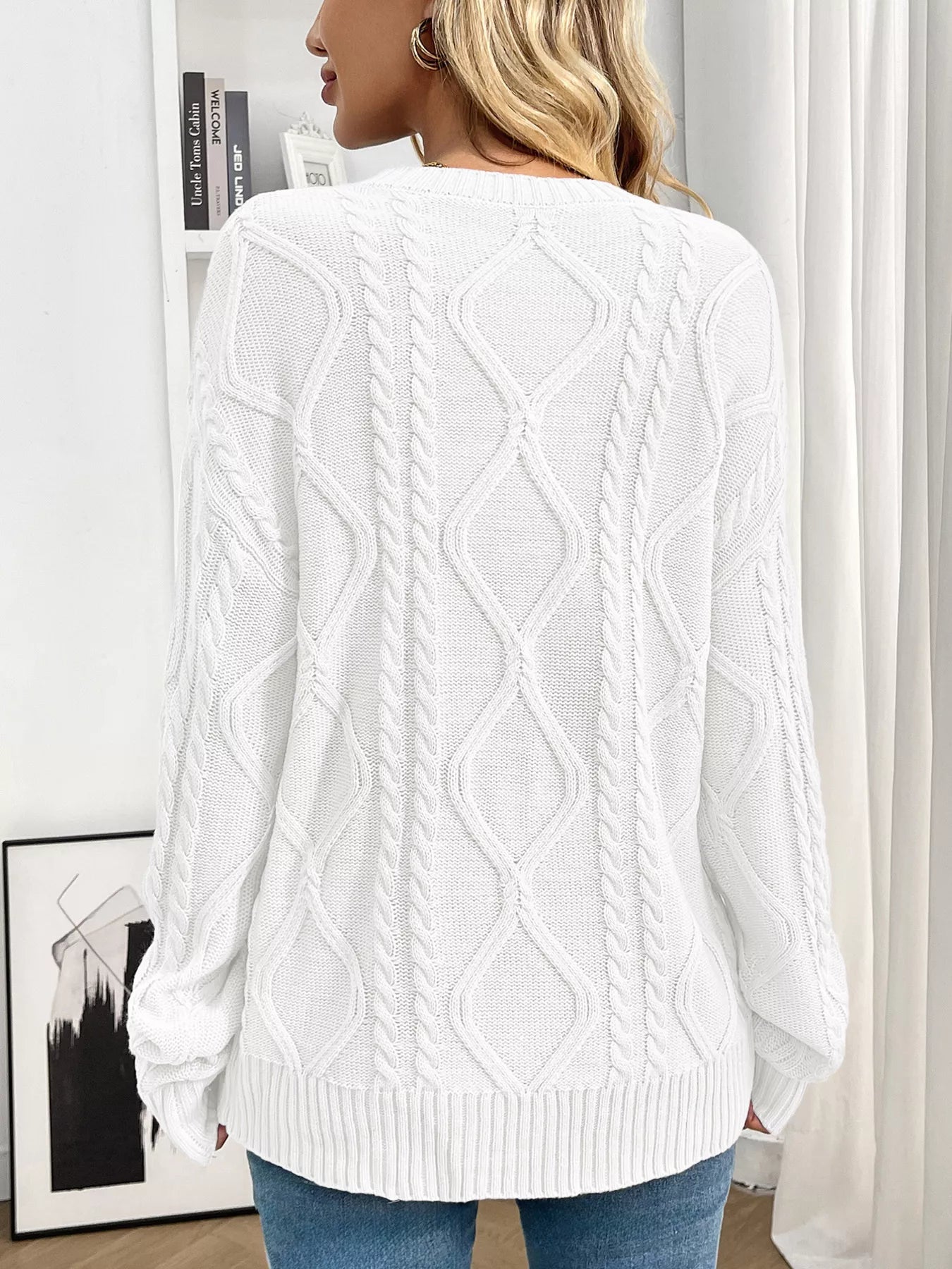 Cable Knit Round Neck Long Sleeve Sweater Trendsi
