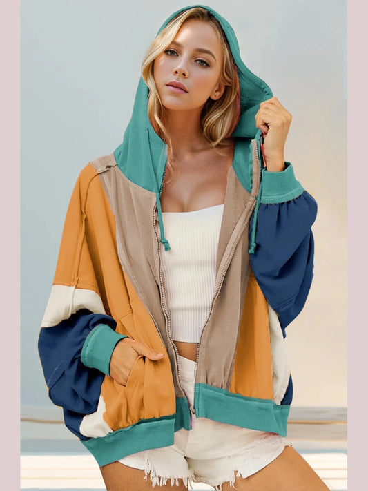 Double Take Full Size Color Block Zip Up Hoodie Trendsi