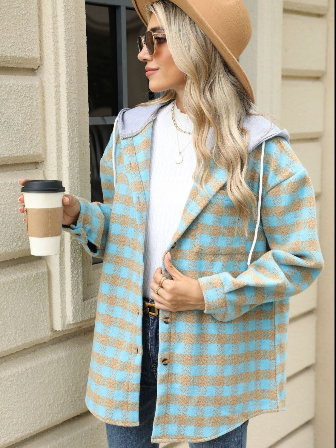 NicholesGifts Women Drawstring Plaid Long Sleeve Hooded Jacket NicholesGifts