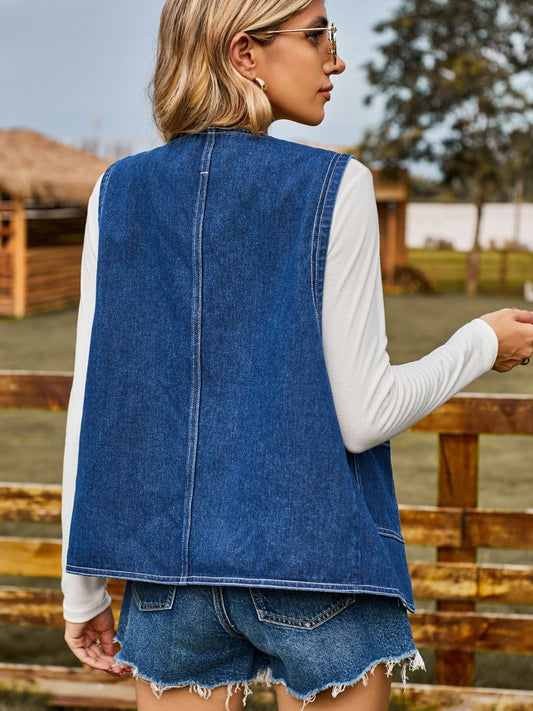 Pocketed Button Up Sleeveless Denim Jacket nicholesgifts
