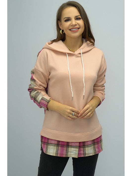 NicholesGifts Women Shiny Plaid Drawstring Drop Shoulder Slit Hoodie