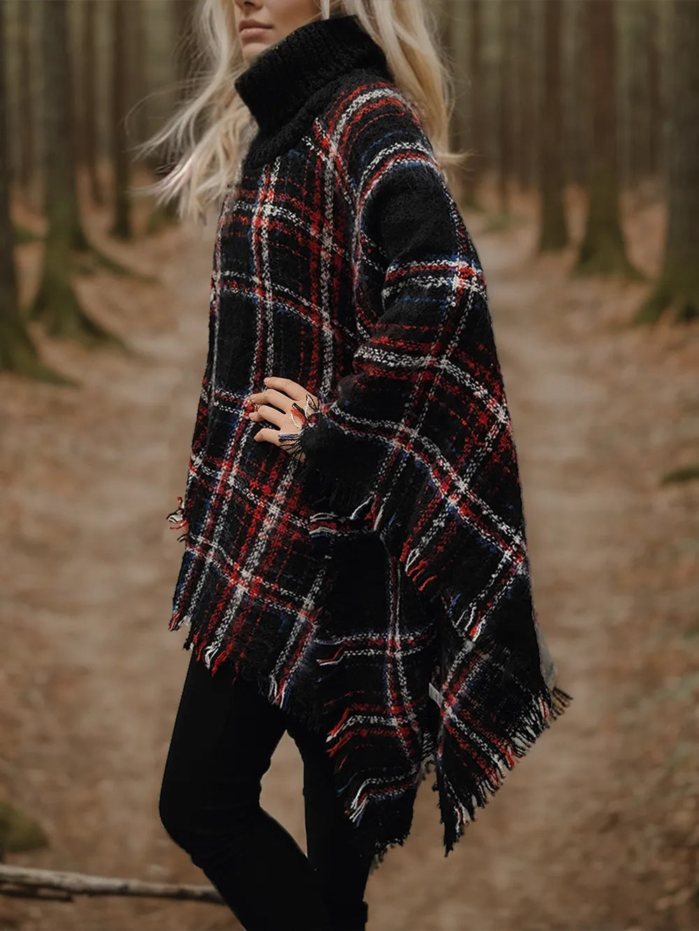 Shiny Turtleneck Plaid Raw Hem Sweater Trendsi