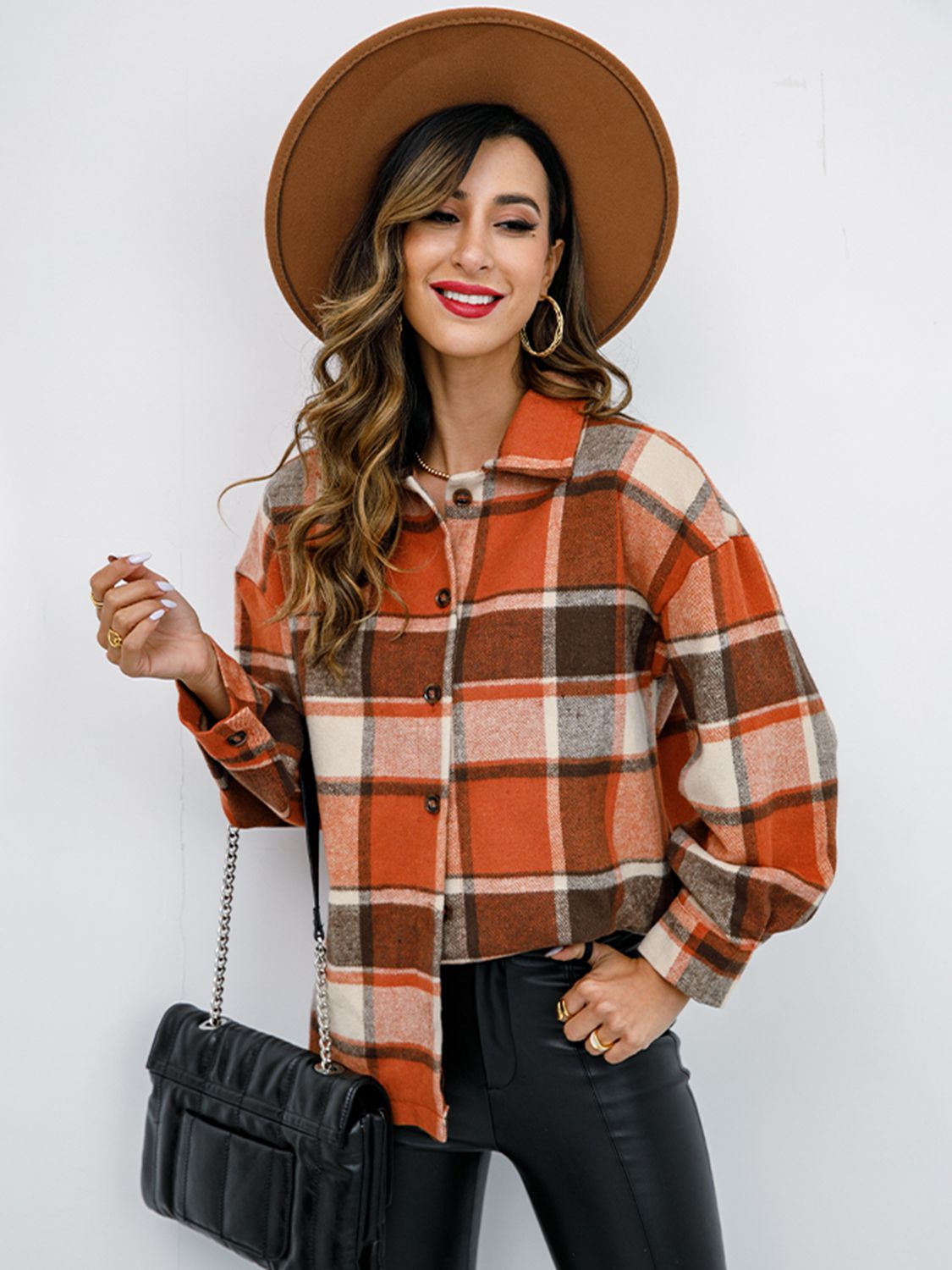 Shiny Plaid Button Up Collared Neck Jacket NicholesGifts