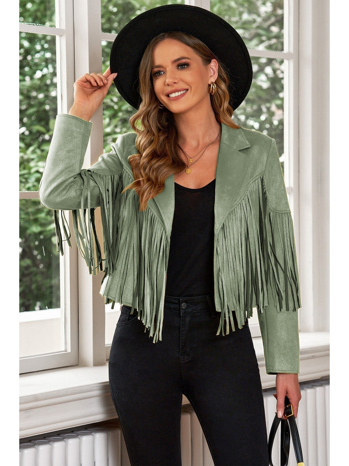 Fringe Trim Lapel Collar Cropped Blazer NicholesGifts