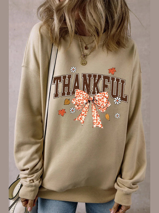 THANKFUL Bow Round Neck Long Sleeve Sweatshirt Trendsi