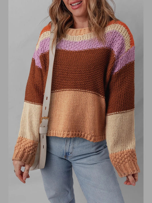 Colorblock Striped Round Neck Sweater