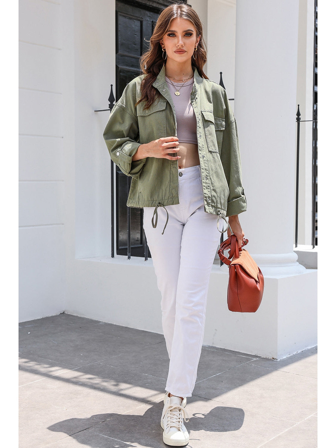 Drawstring Snap Down Dropped Shoulder Denim Jacket NicholesGifts