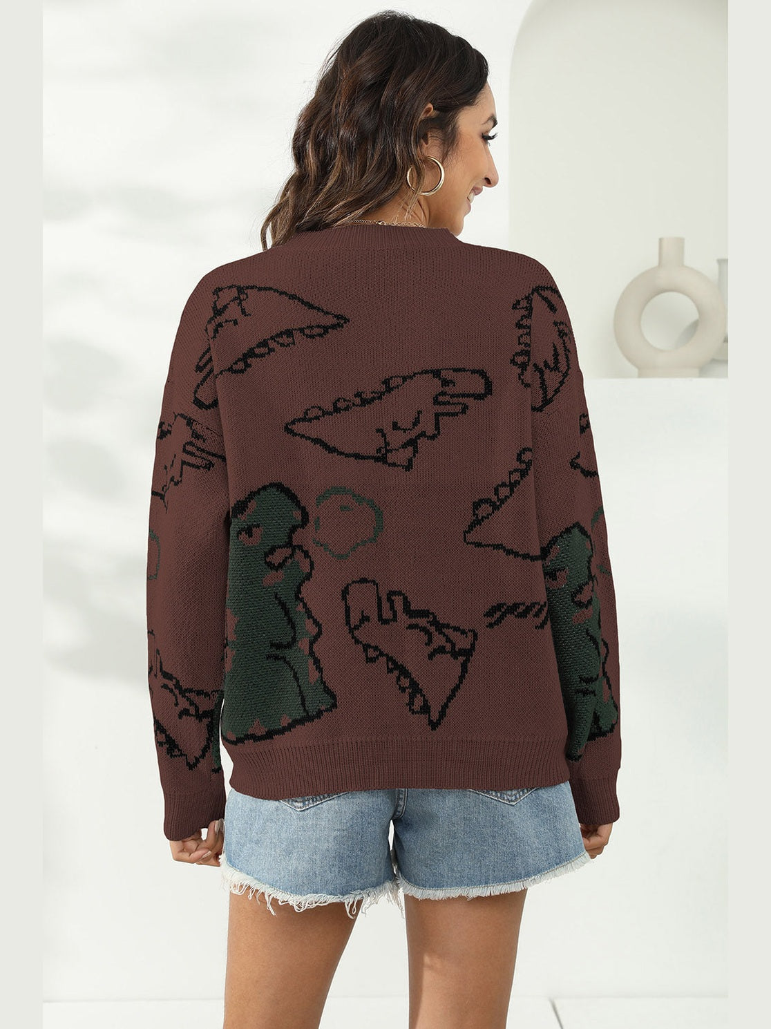 Dinosaur Print Pullover Sweater Trendsi