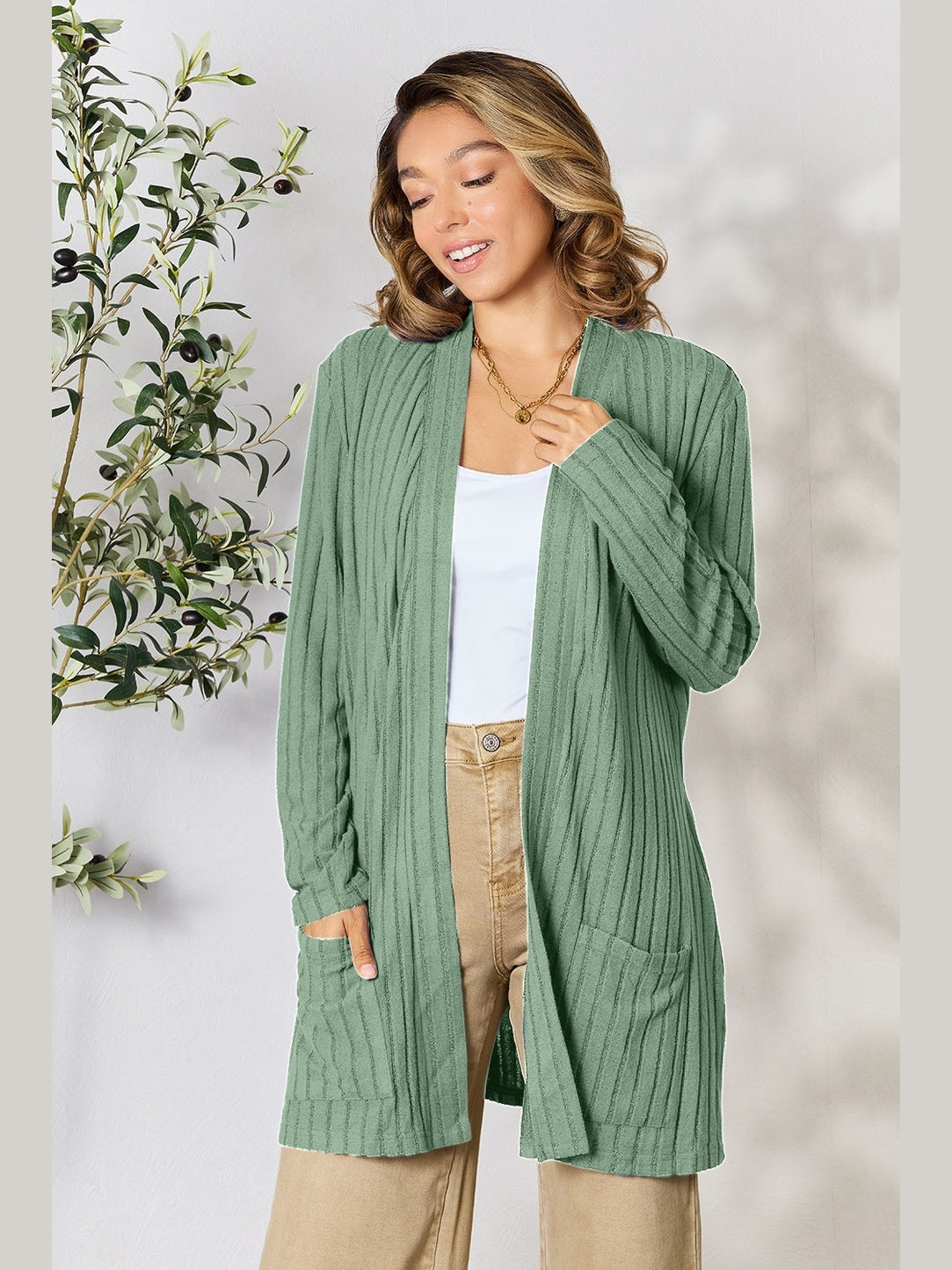 NicholesGifts Women Basic Bae Full Size Ribbed Open Front Cardigan with Pockets NicholesGifts