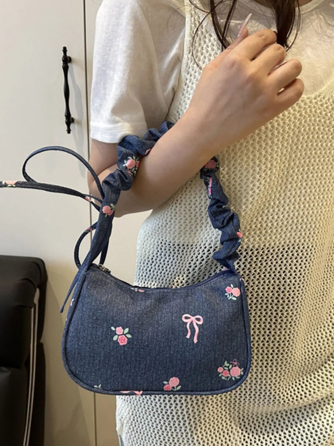 Embroidered Ruched Strap Shoulder Bag Trendsi