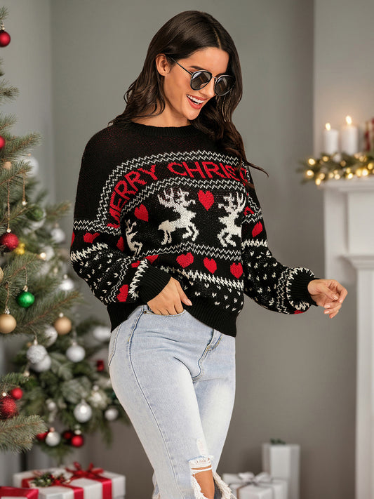 NicholesGifts Women Perfee Christmas Element Round Neck Sweater NicholesGifts