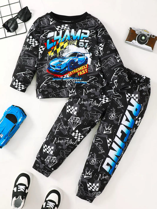 Boys and Toddler Boys Racing Car Print Long Sleeve Sweatshirt and Pants Set nicholesgifts