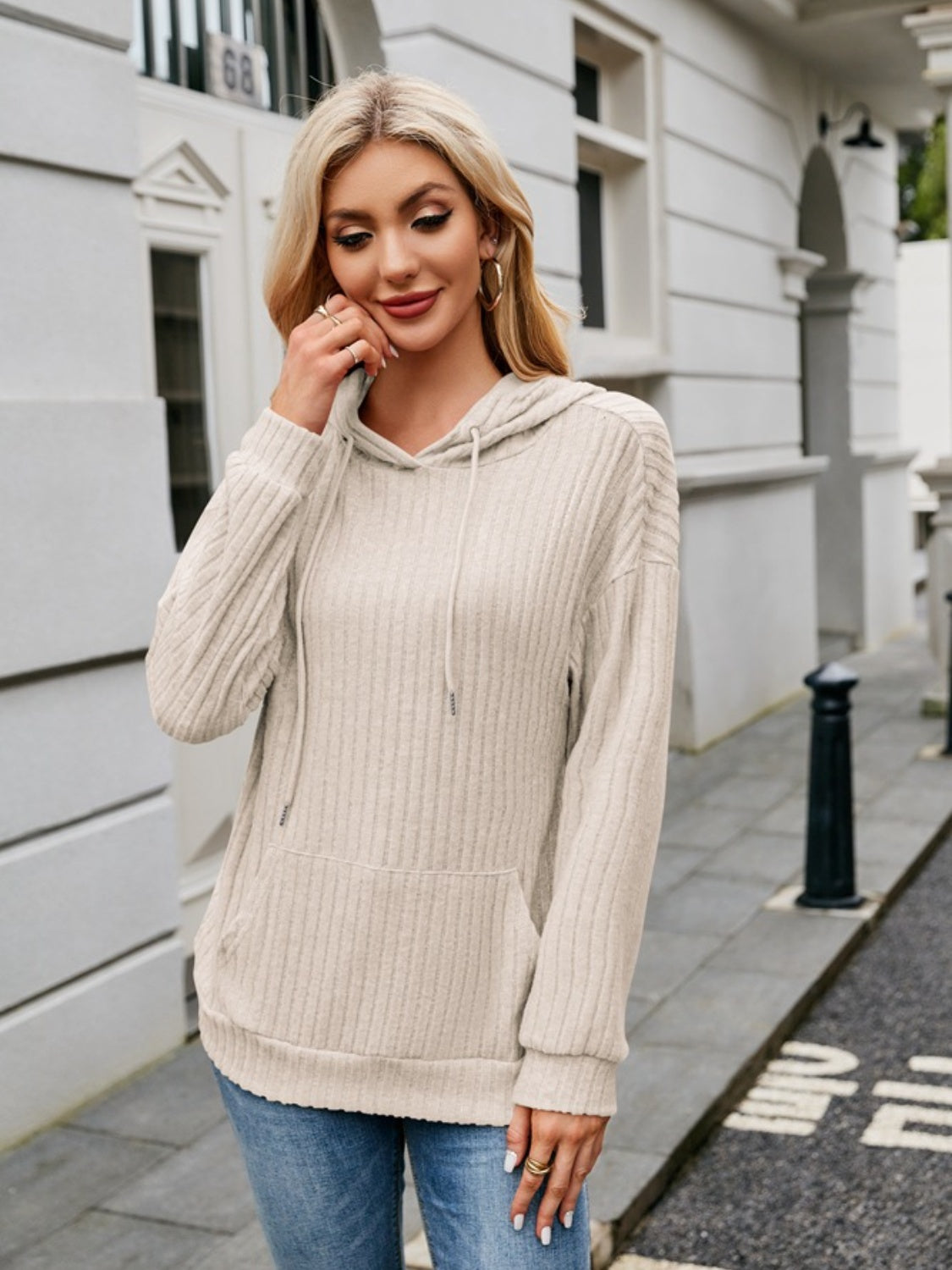 NicholesGifts Women Ribbed Drawstring Long Sleeve Hoodie NicholesGifts