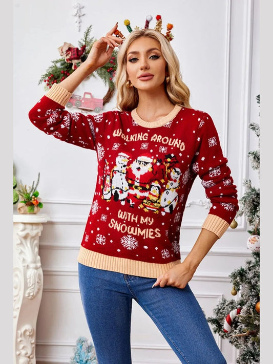 Christmas Pattern Round Neck Long Sleeve Sweater Trendsi