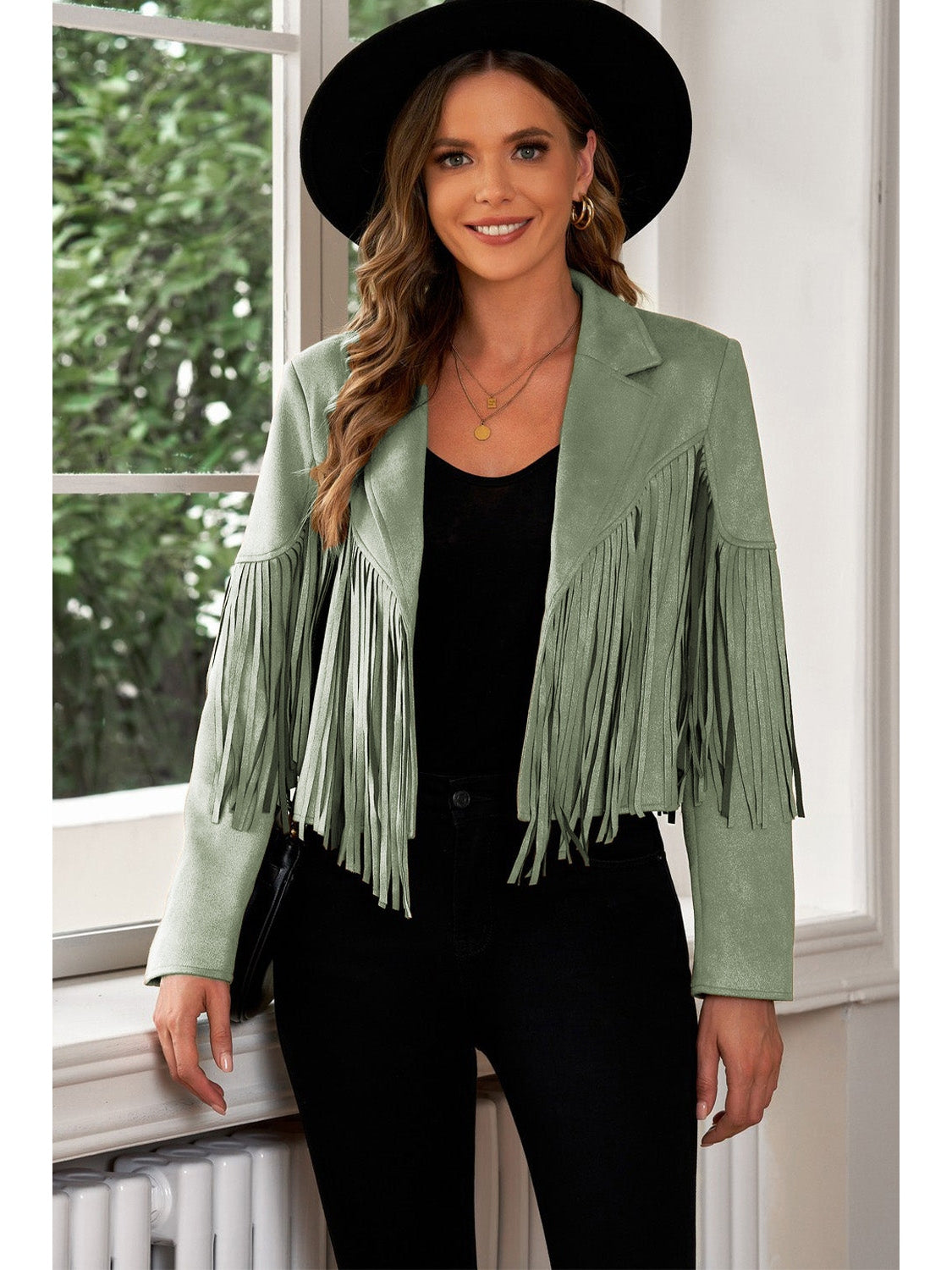 Fringe Trim Lapel Collar Cropped Blazer NicholesGifts