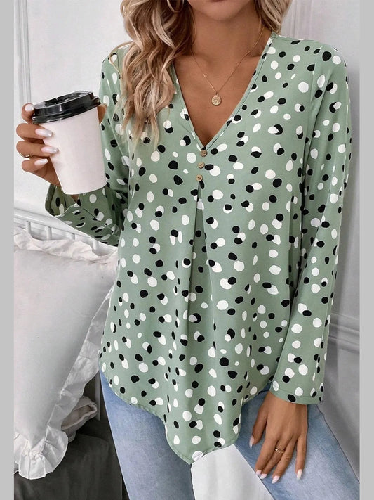 Printed V-Neck Long Sleeve Blouse nicholesgifts