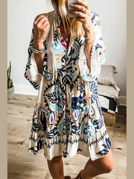 Printed Notched Three-Quarter Sleeve Mini Dress Trendsi