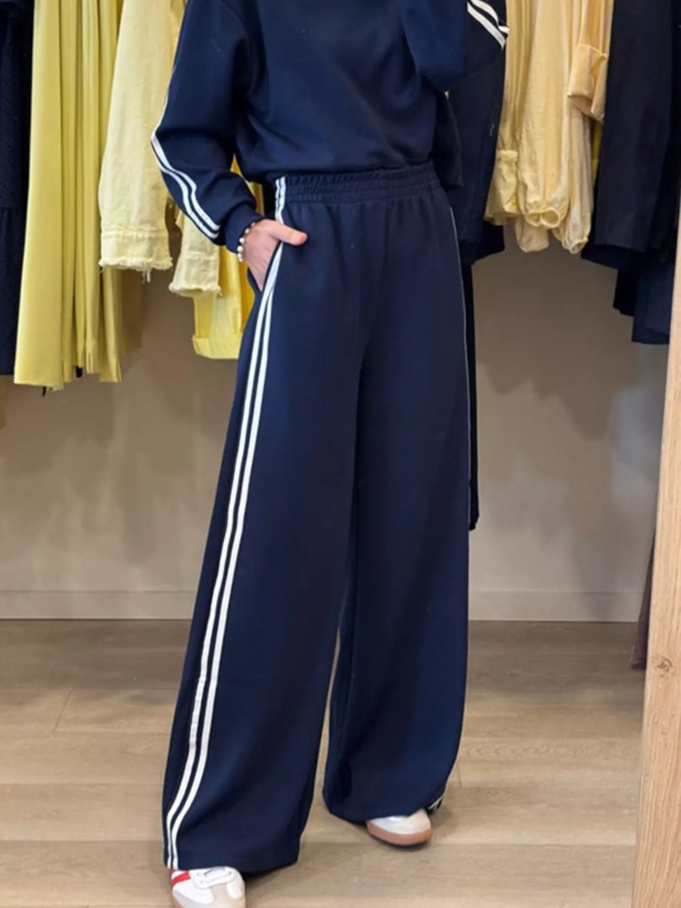 Striped Detail Crewneck Top and Elastic Sweatpants 2pcs Set Trendsi