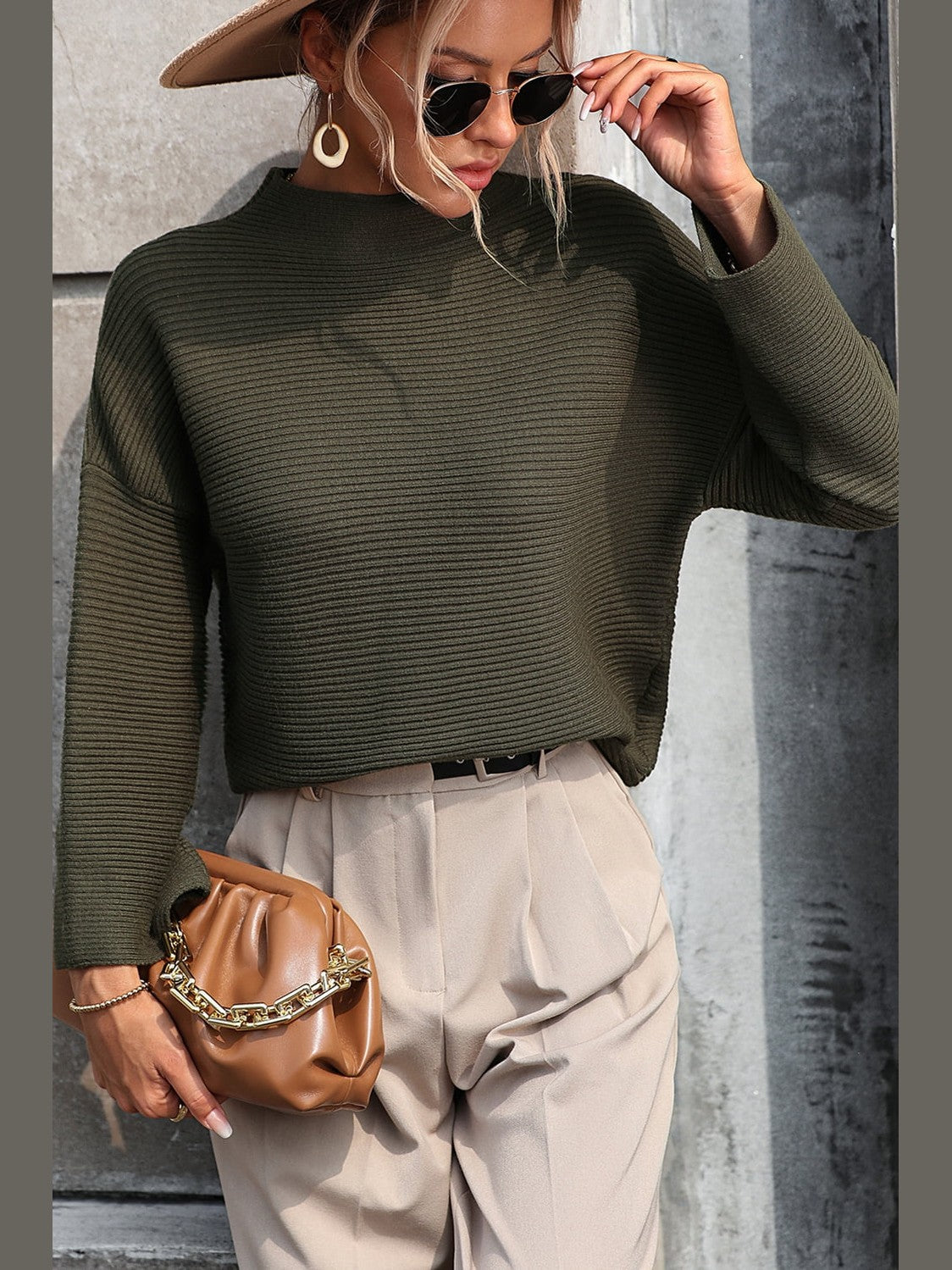 Women Mock Neck Dropped Shoulder Pullover Sweater NicholesGifts