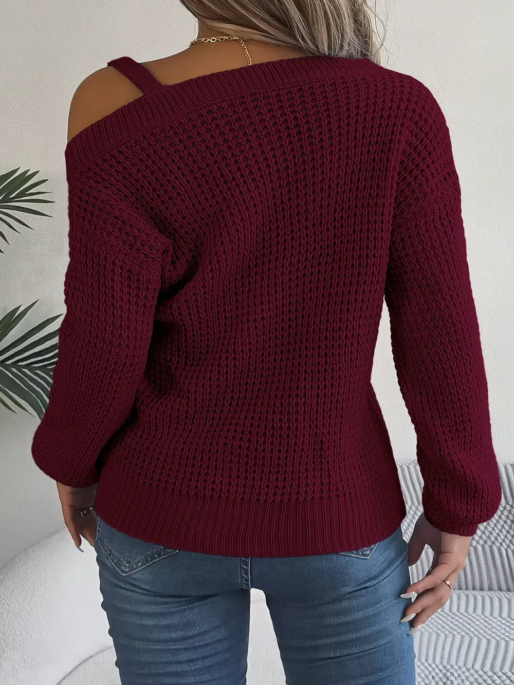Asymmetrical Neck Long Sleeve Sweater Trendsi