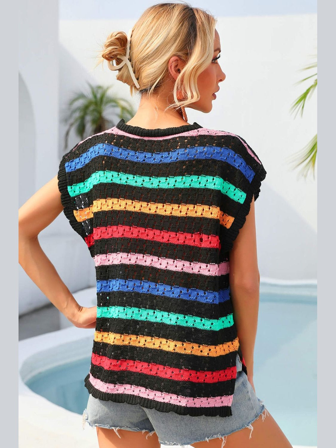 Striped V-Neck Slit Cover Up