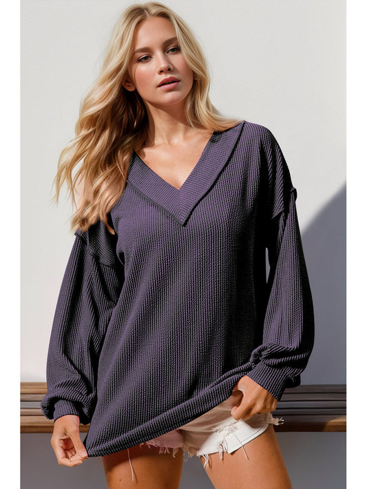 Women Double Take Exposed Seam V-Neck Long Sleeve T-Shirt NicholesGifts
