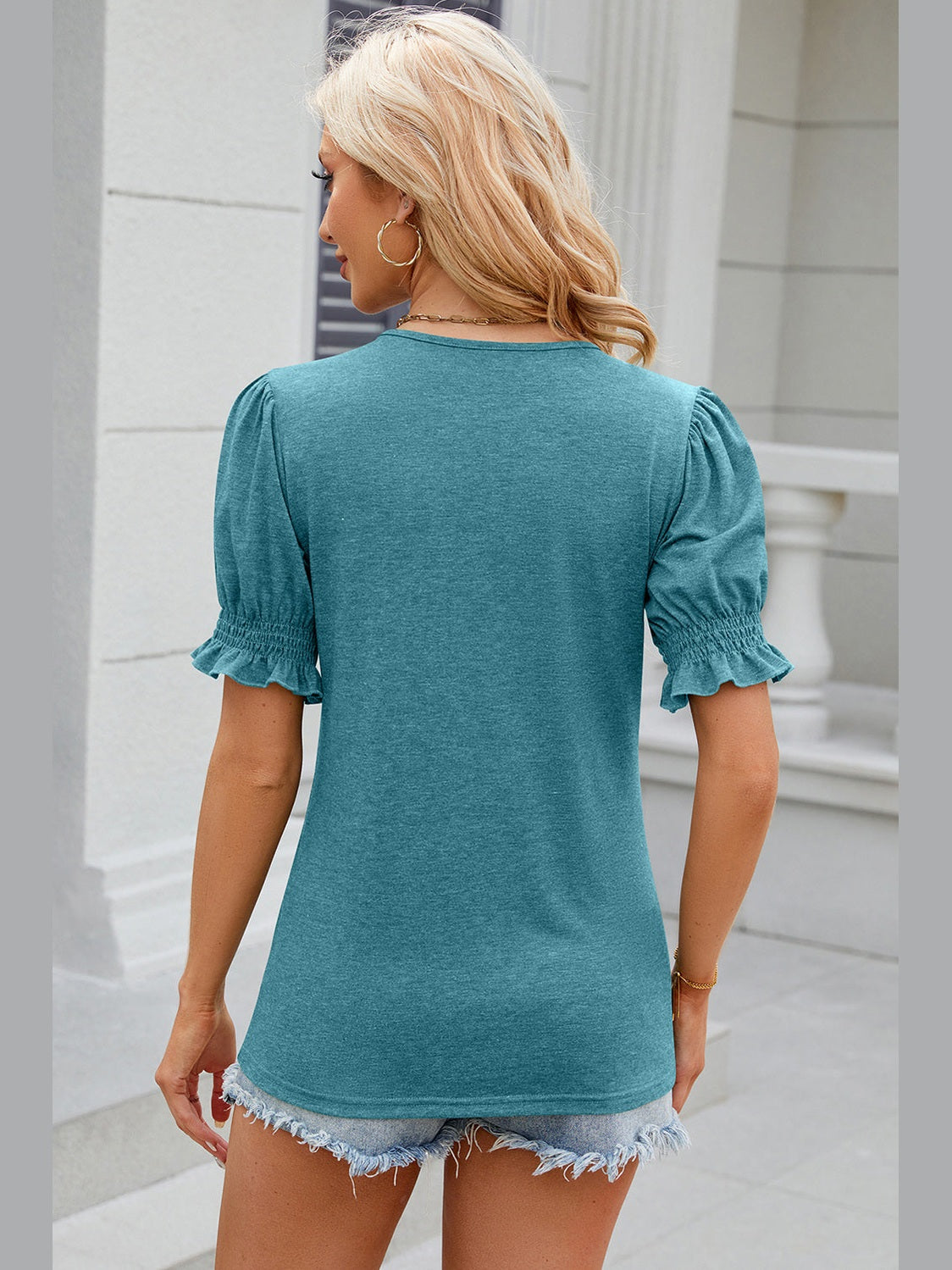 Women Tie Neck Flounce Sleeve Blouse