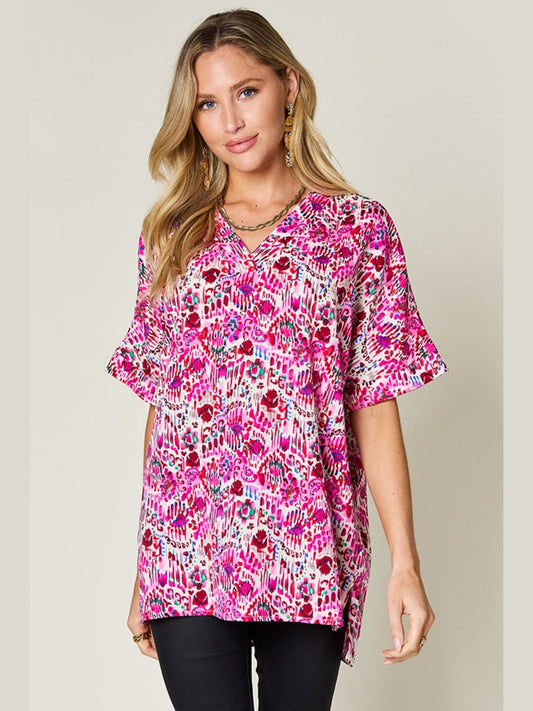 Women Double Take Full Size Printed V-Neck Short Sleeve Blouse