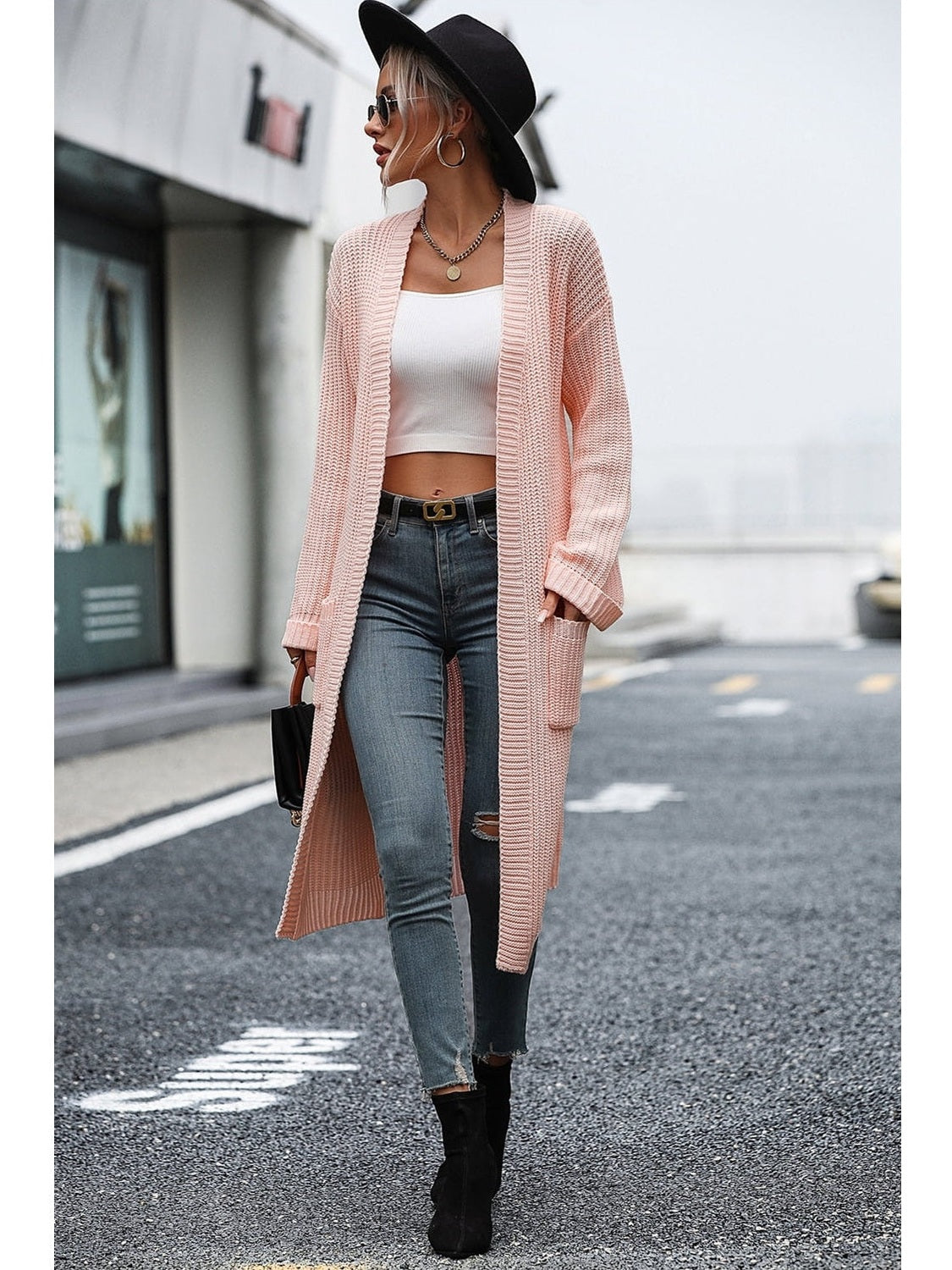 NicholesGifts Women Dropped Shoulder Long Sleeve Cardigan with Pocket