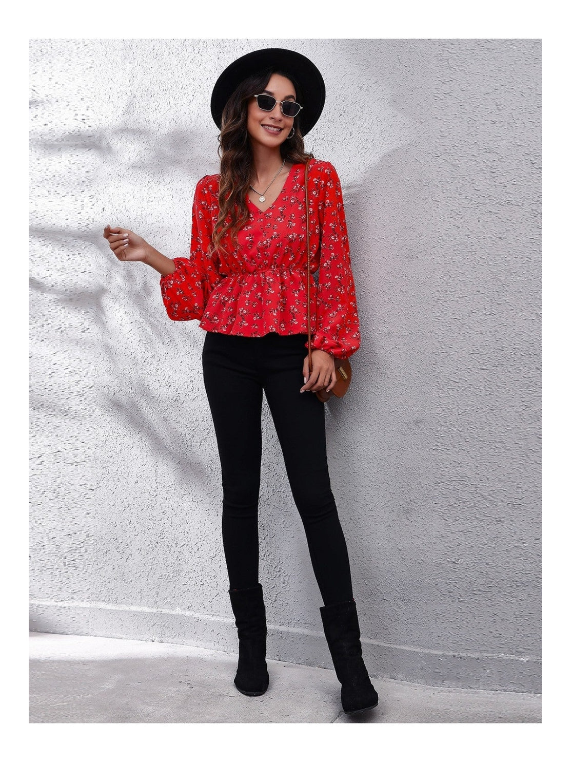 Women Deep Red Color Floral V-Neck Balloon Sleeve Peplum Blouse NicholesGifts
