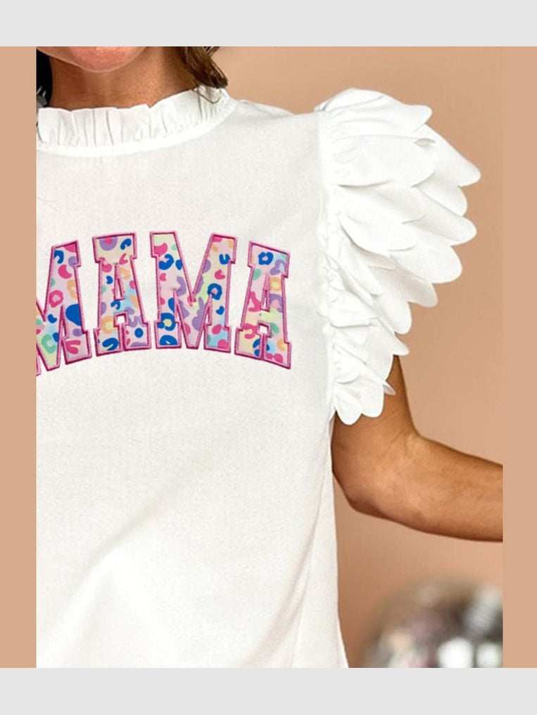 Women MAMA Mock Neck Cap Sleeve White Blouse