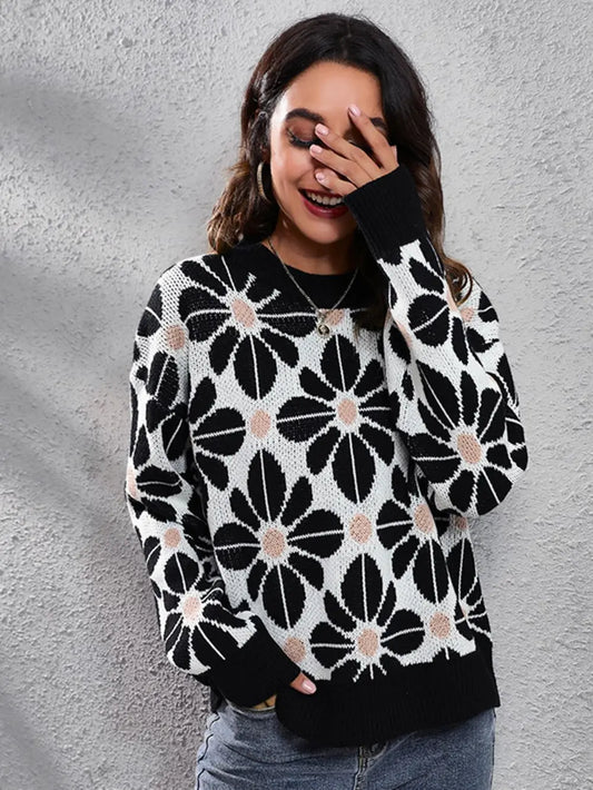 Floral Round Neck Long Sleeve Sweater nicholesgifts