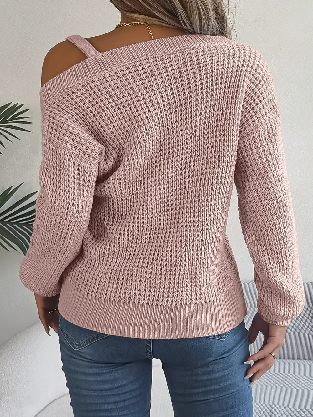 Asymmetrical Neck Long Sleeve Sweater Trendsi
