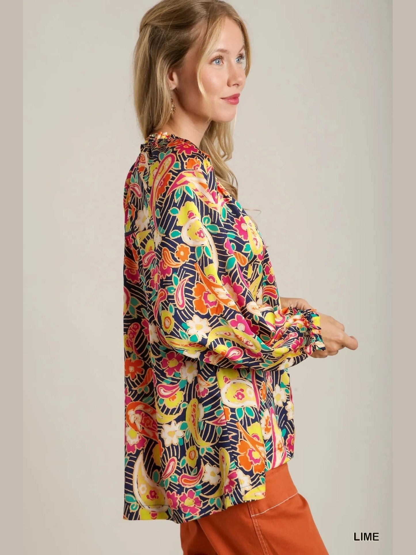 Umgee Full Size Satin Paisley Ruffle Neck Button-Up Shirt Plus Size NicholesGifts