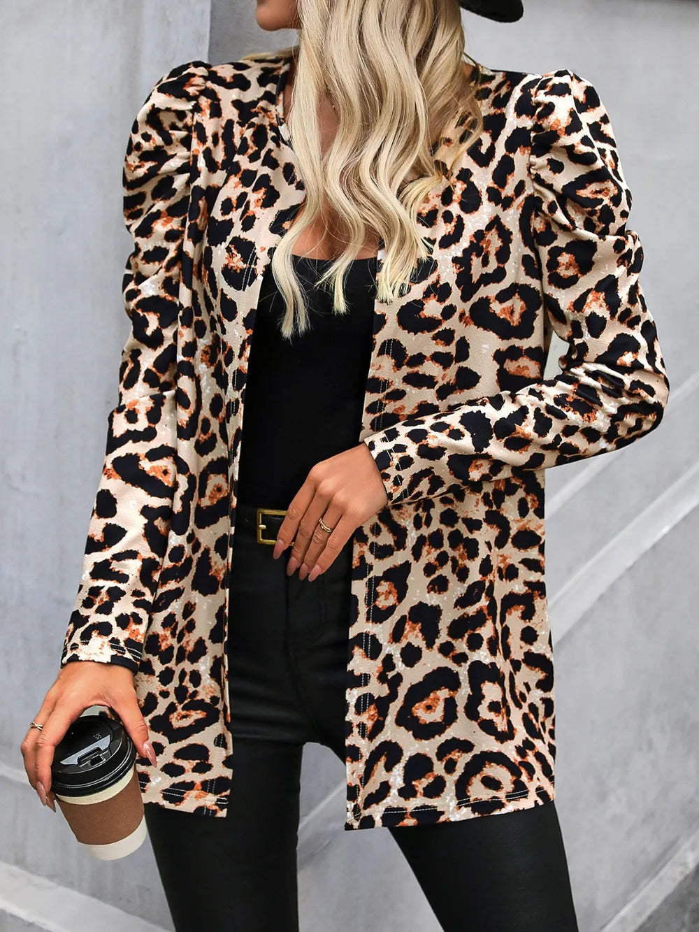 Leopard Open Front Puff Sleeve Jacket nicholesgifts