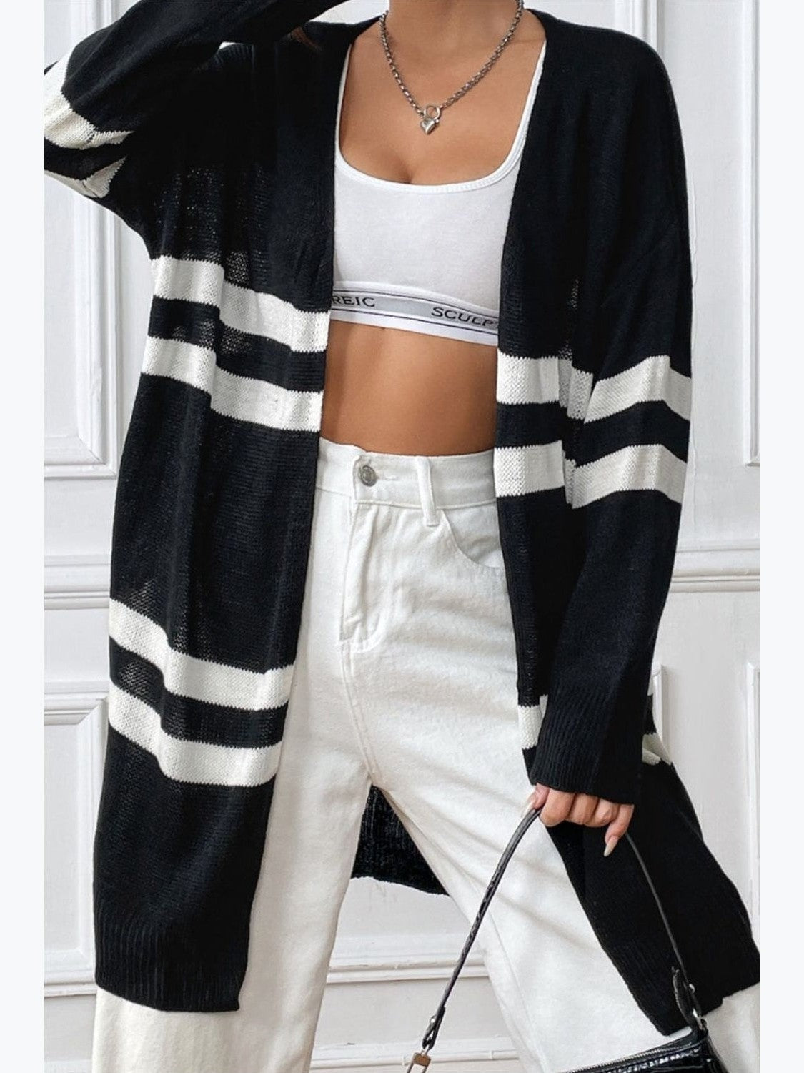 Women Striped Open Front Dropped Shoulder Cardigan nicholesgifts