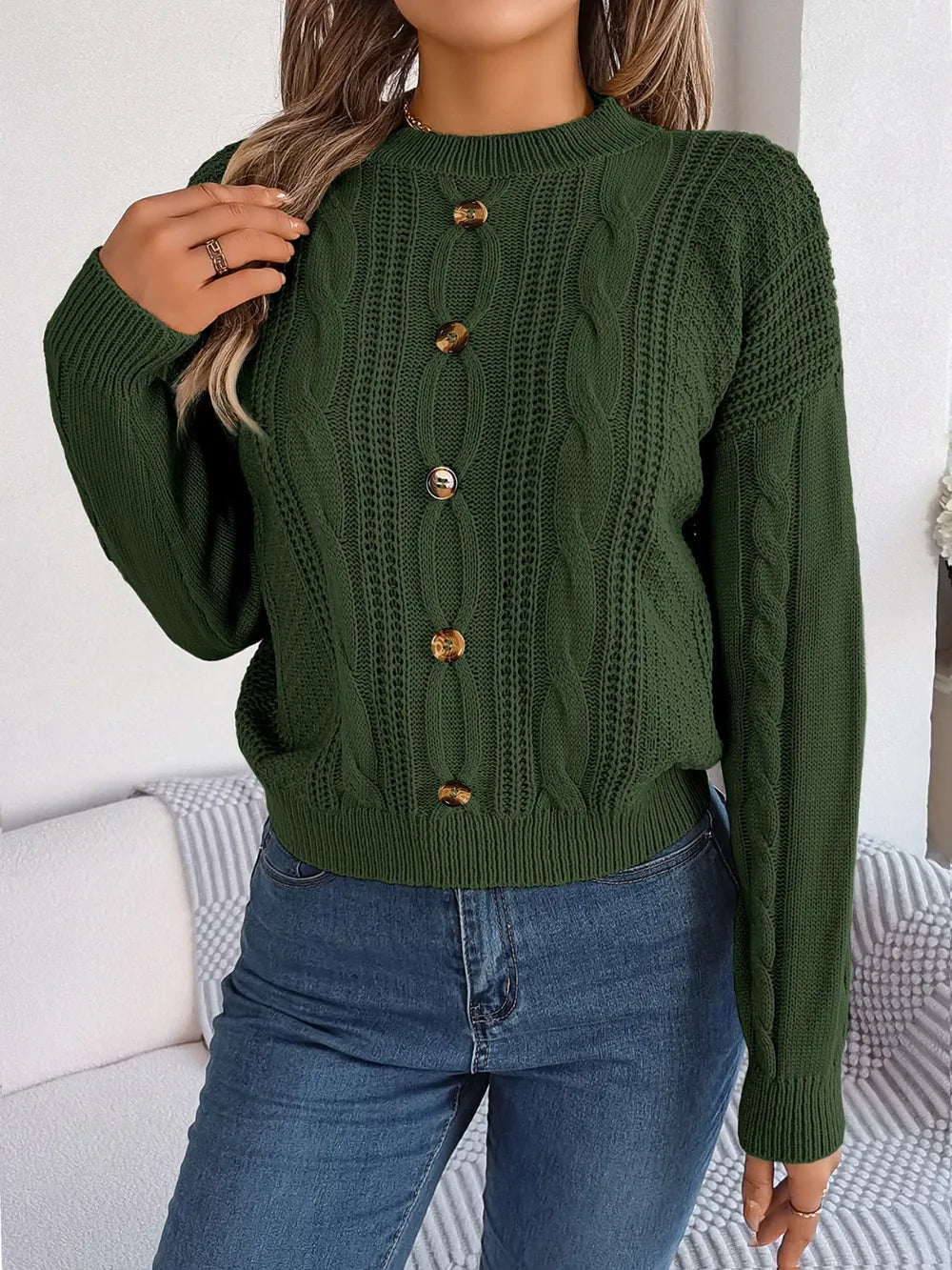 Cable-Knit Buttoned Round Neck Sweater Trendsi