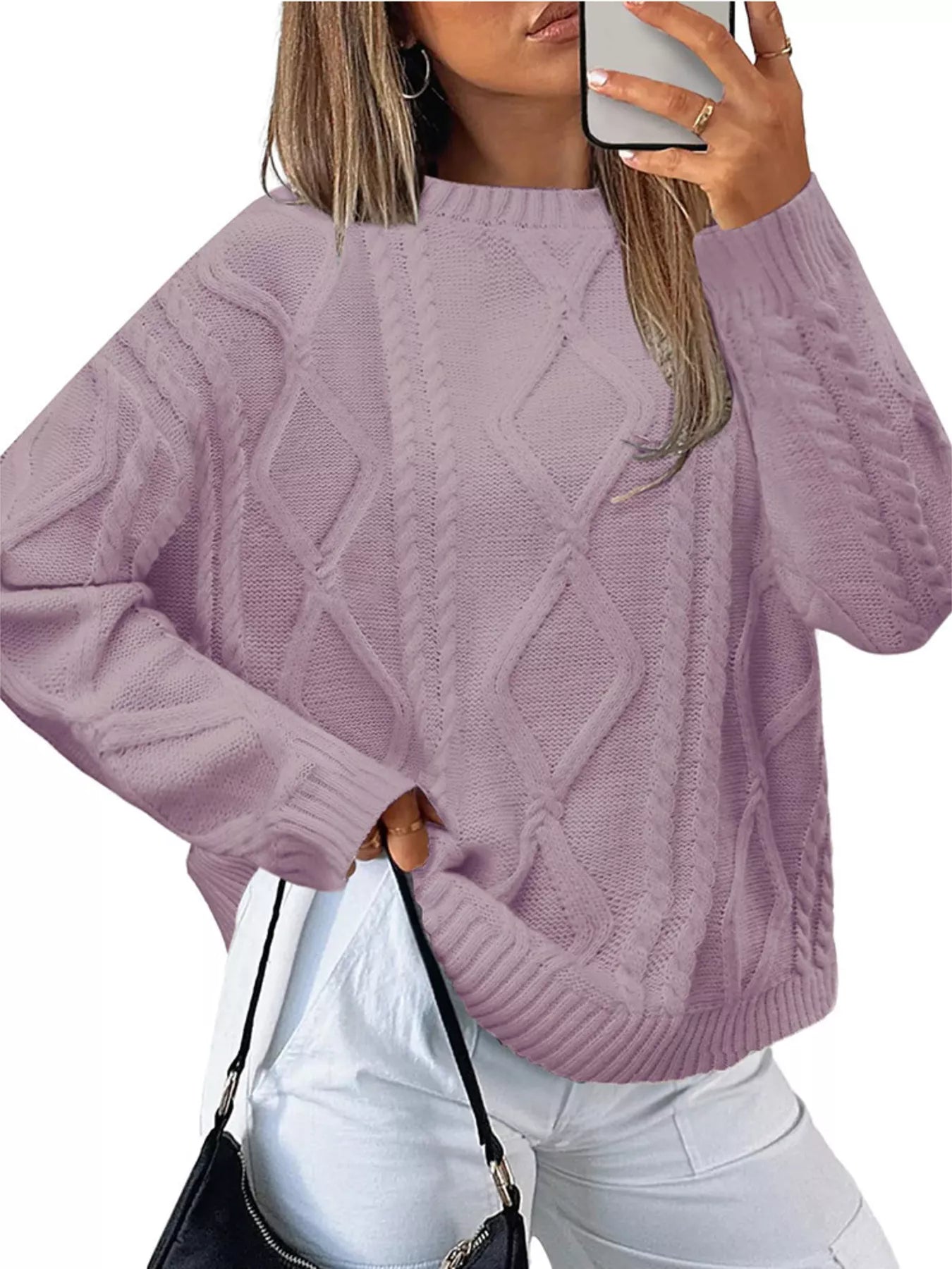 Cable Knit Round Neck Long Sleeve Sweater Trendsi