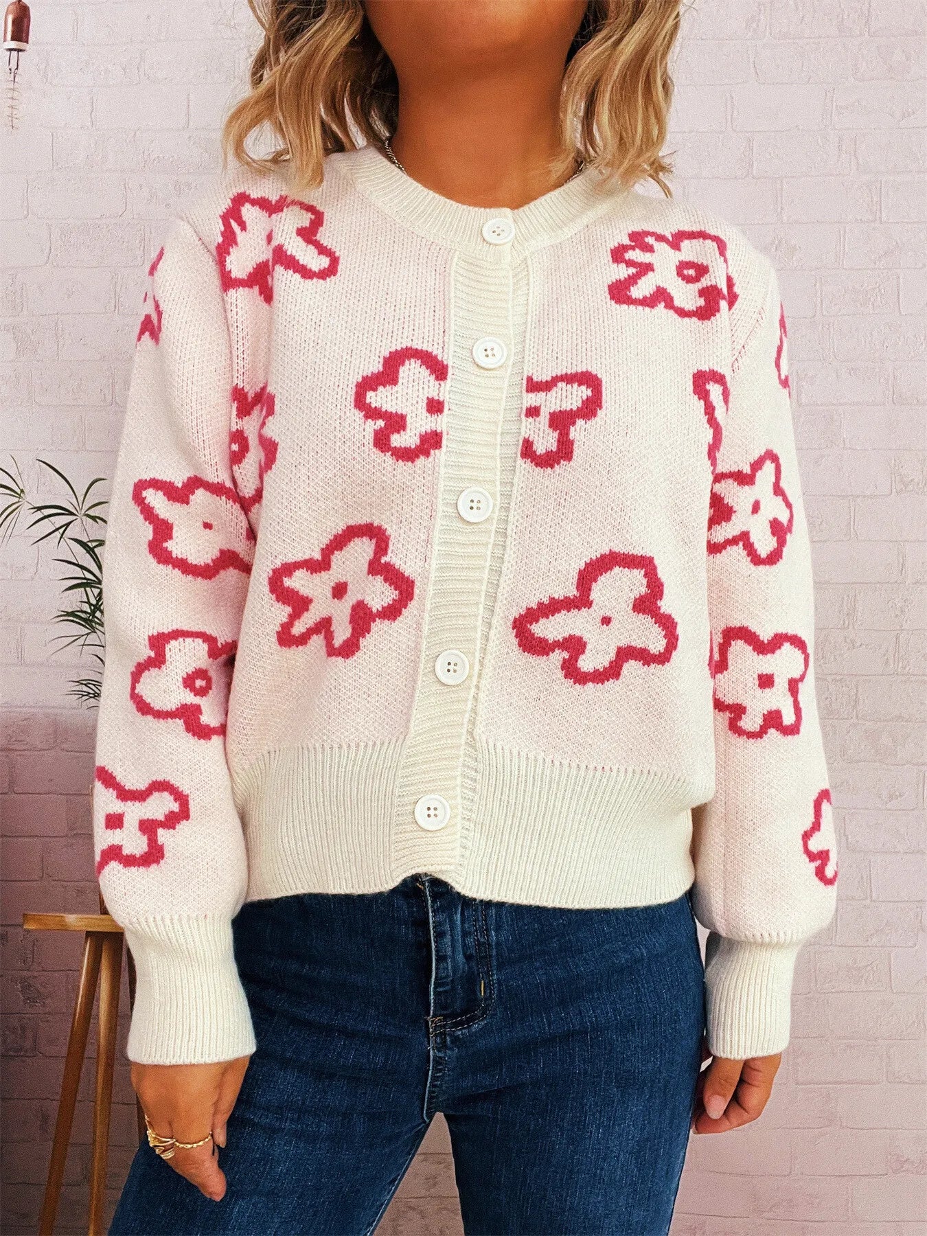 Floral Pattern Button-Up Cardigan