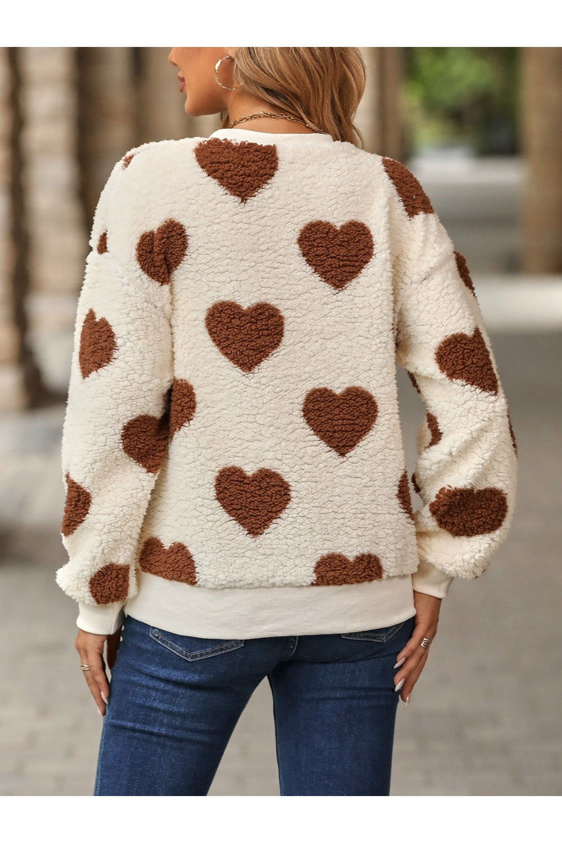 NicholesGifts Women Fuzzy Heart Dropped Shoulder Sweatshirt NicholesGifts