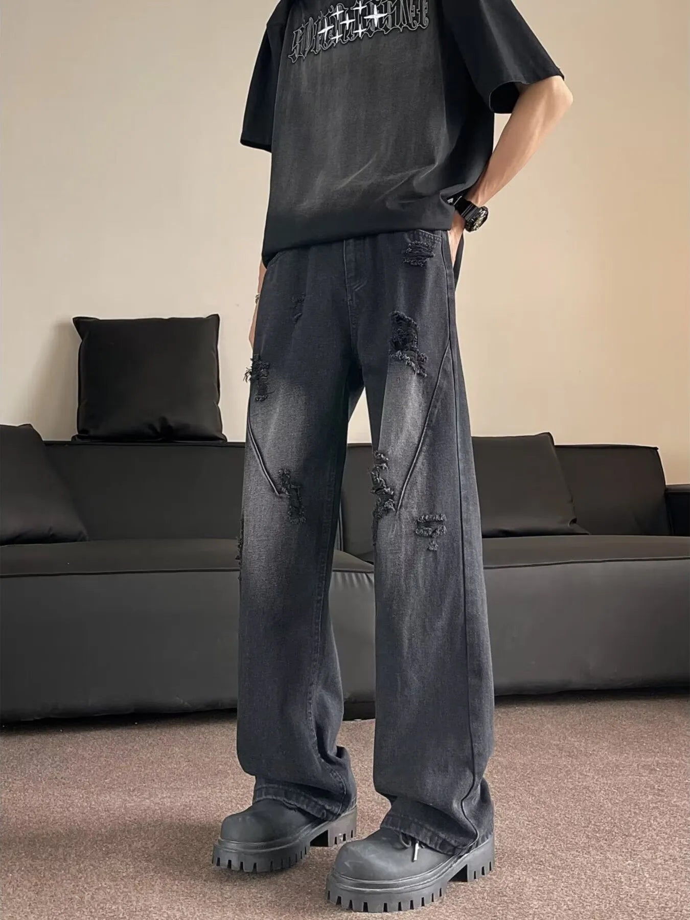Men's Full Size Distressed Wide Leg Jeans Plus Size