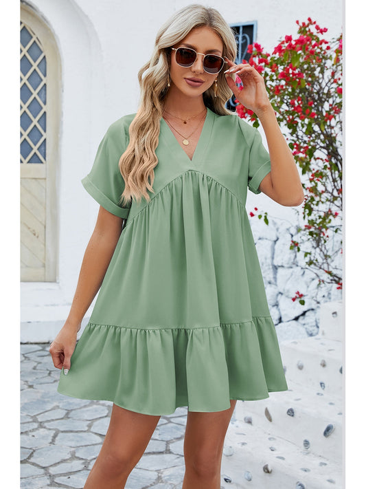 Women Ruched Tiered V-Neck Short Sleeve Mini Dress NicholesGifts
