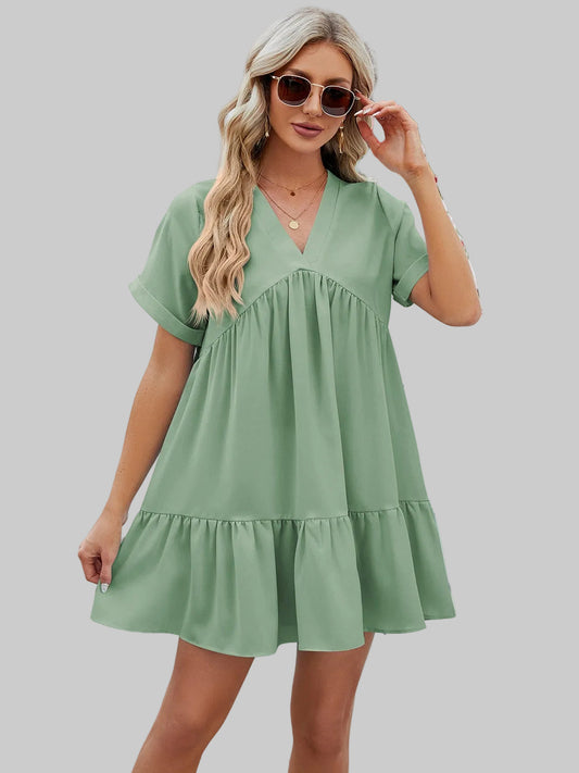 Women Ruched Tiered V-Neck mini dress in sage green with short sleeves, tiered ruffle hem, and loose fit design.