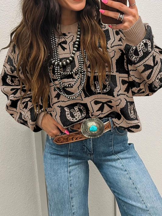 Bows & Horseshoes Pattern Round Neck Sweater Trendsi